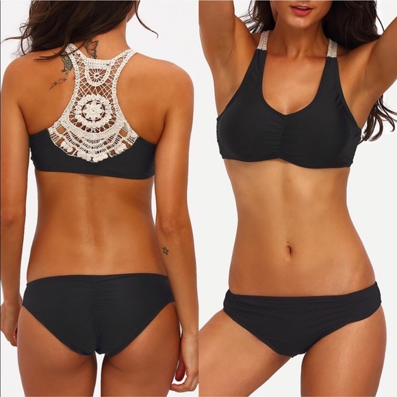 Other - BRIANA🌴 black crochet boho bikini cream swimsuit